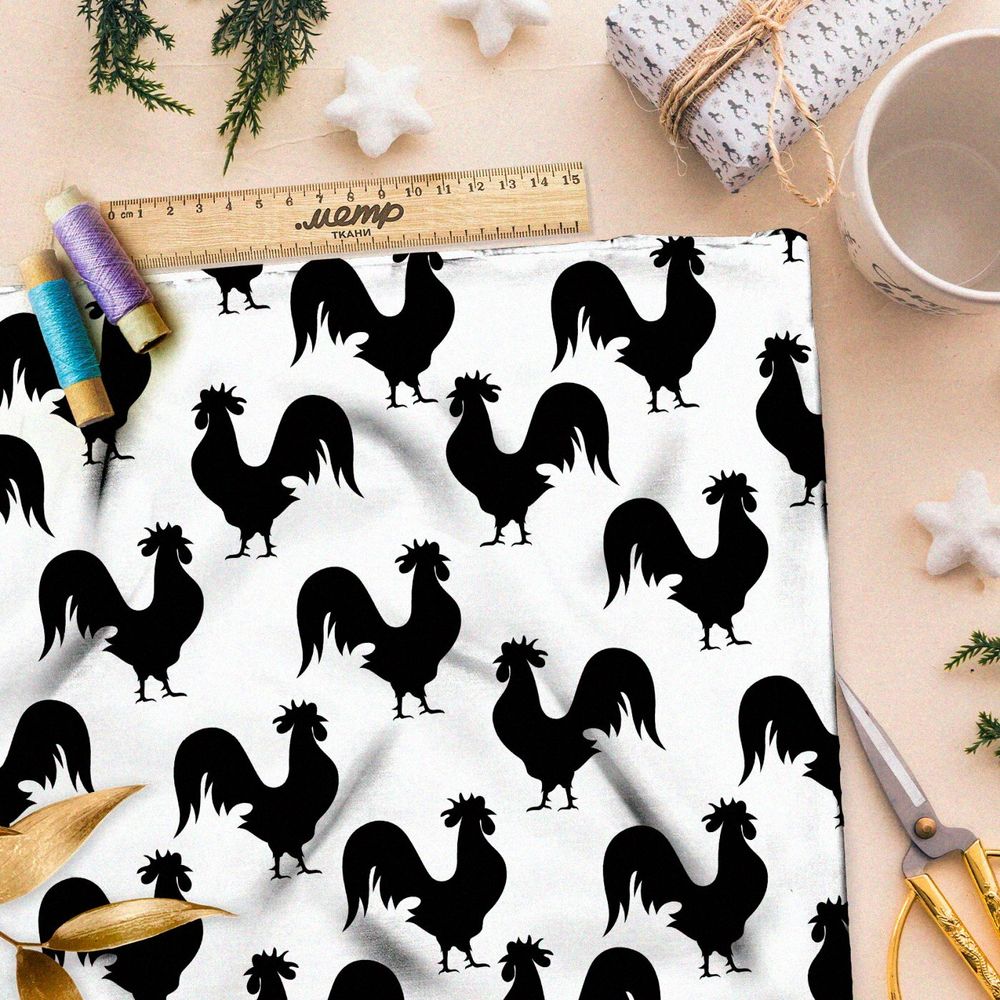 Ткань премиум мембрана силуэты петухов на белом