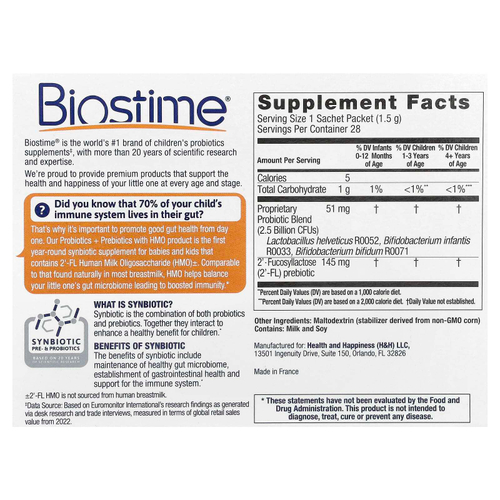 Biostime, Для детей и детей, ежедневные пробиотики и пребиотики из ОПЗ, для детей от 3 месяцев до 6 лет, без вкуса, 28 пакетиков-саше по 1,5 г (0,05 унции)