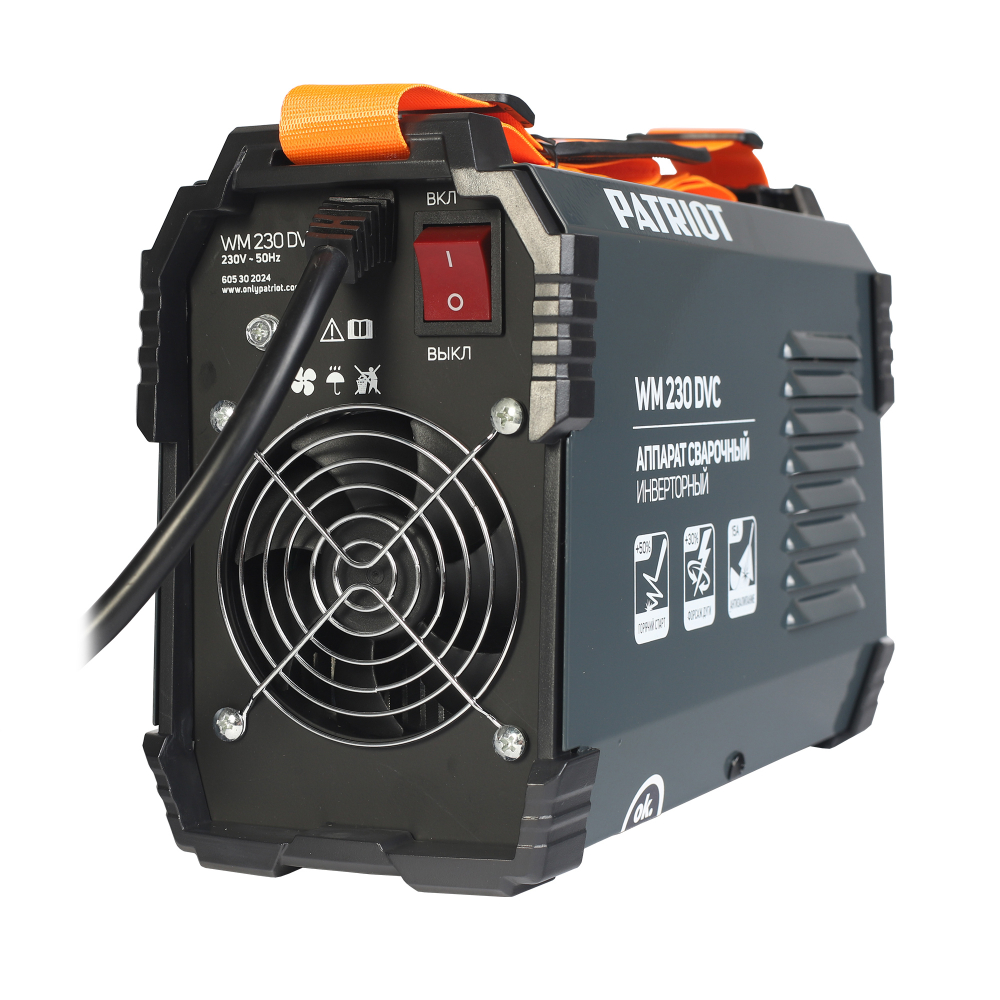 Аппарат сварочный инверторный PATRIOT WM 230 DVC MMA, входное напряжение: 1ф,140-240В;сварочный ток макс: 230A; ПВ при макс. токе: 70%, дисплей,кейс, ARC FORCE, ANTI STICK,HOT START, VRD, Электроды Patriot ЭР-46, 3мм, 1 кг