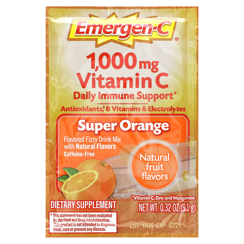 Emergen-C, Витамин C, смесь ароматизированных газированных напитков, супер-апельсин, 1000 мг, 30 пакетиков по 9,1 г (0,32 унции)