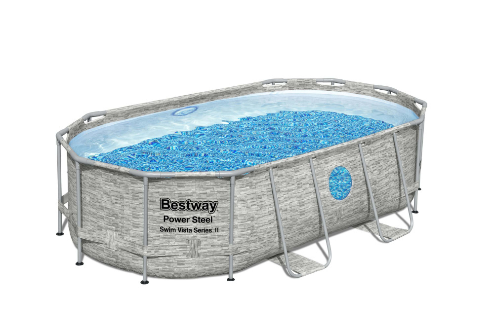 Каркасный овальный бассейн Bestway "Камень", 427х250х100 см + фильтр-насос 2006 л/ч, лестница, тент (56714 BW)