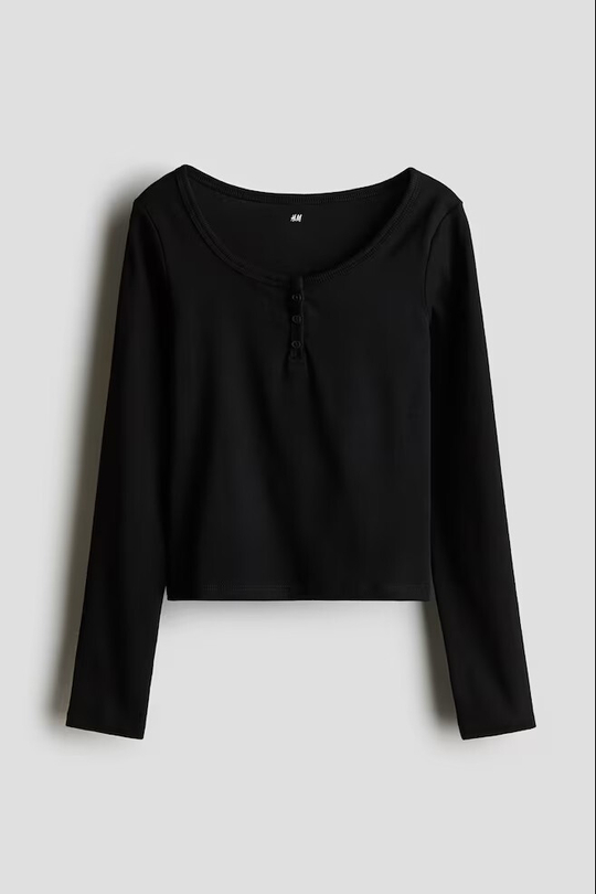 H&M Трикотажный топ с длинным рукавом, черный
