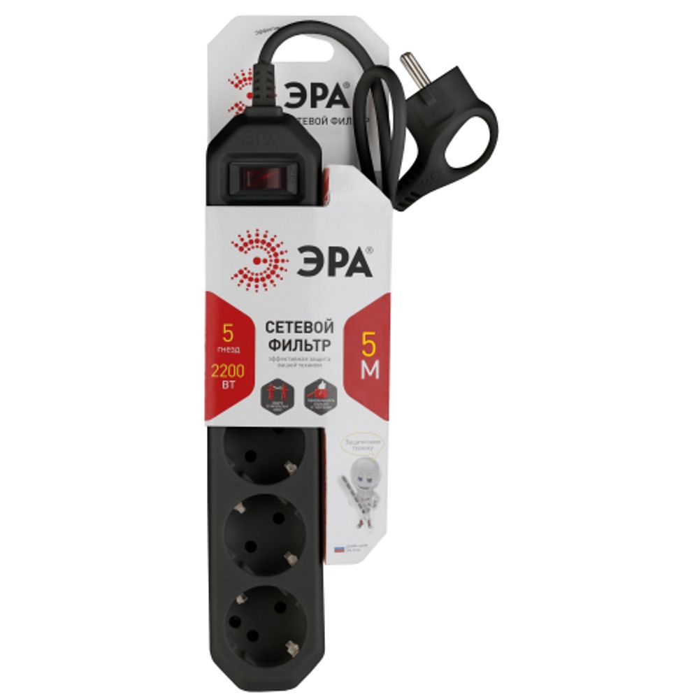 Сетевой фильтр ЭРА USF-5es-5m-B с базовой защитой с заземлением с выключателем 5 розеток 5м 10А черный | Сетевые фильтры