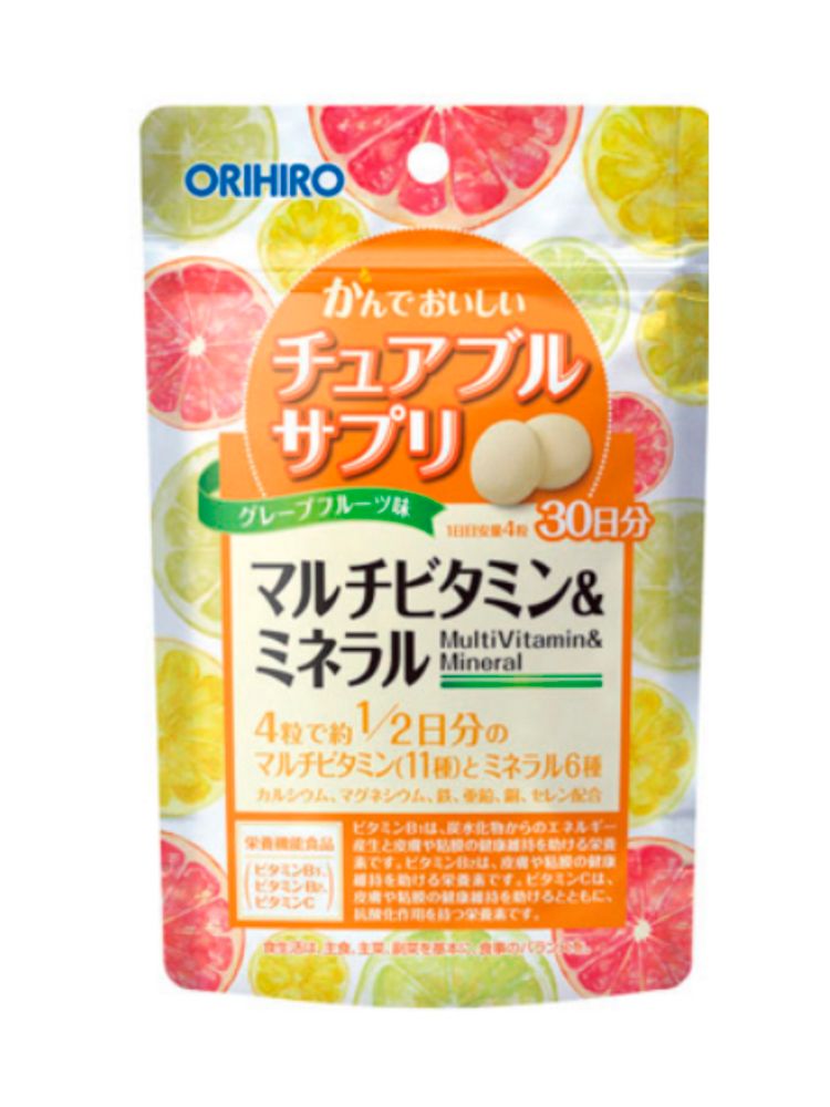 Жевательные мультивитамины и минералы, со вкусом цитрусов, ORIHIRO, курс на 30 дней