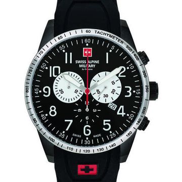 С ремешком Мужские наручные часы с черным силиконовым ремешком Swiss Alpine Military 7082.9877 chrono 45mm 10ATM