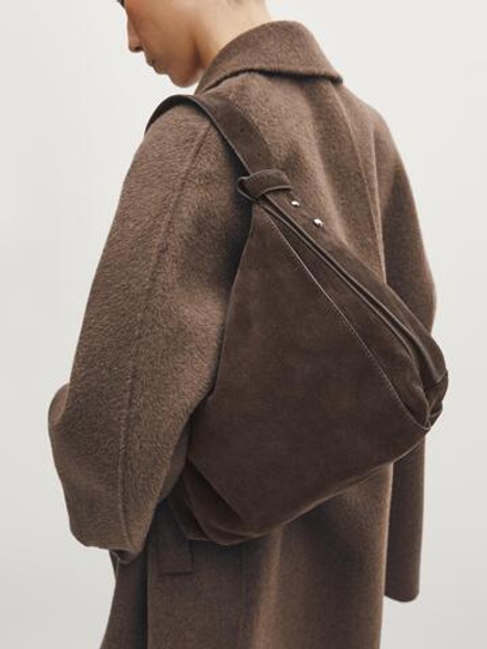 Massimo Dutti Большая сумка через плечо из замши, коричневый