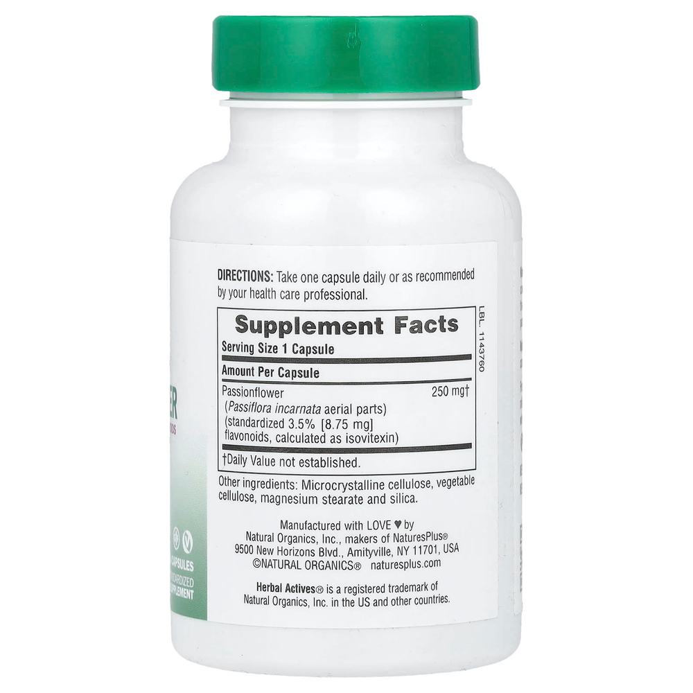 NaturesPlus, Растительная активность, пассифлора, 250 мг, 60 вегетарианских капсул