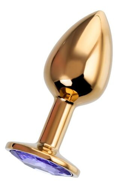 Золотистая анальная втулка с фиолетовым стразом - 7 см.