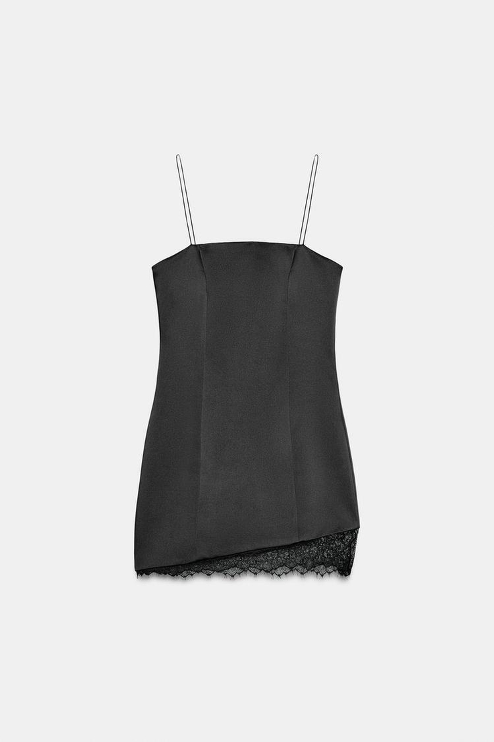 ZARA КОРОТКОЕ АТЛАСНОЕ ПЛАТЬЕ С КРУЖЕВОМ, ЧЕРНЫЙ