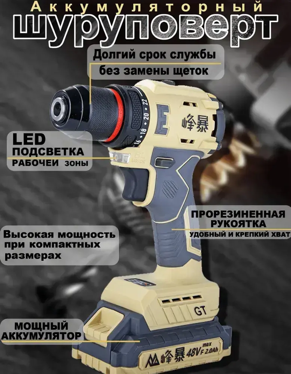 FENGBAO Дрель-шуруповерт, 21 В, 60 Нм, 2 АКБ