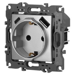 Розетка ЭРА Серия 12 12-4108-03 2P+E 16A-250В со шторками с USB type-A+C 5В-3А алюминий | Эра 12