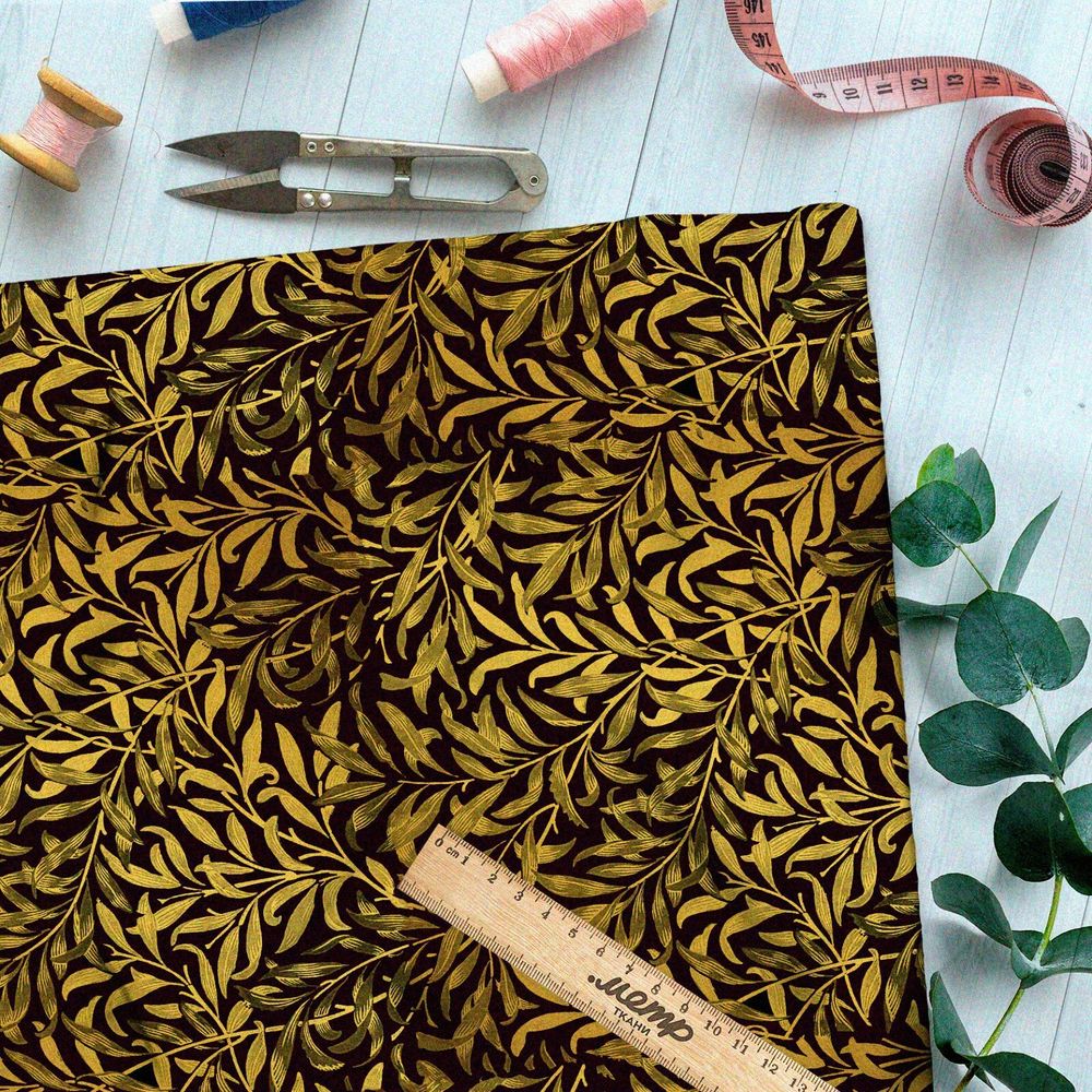 Ткань таффета золотые водоросли на чёрном фоне