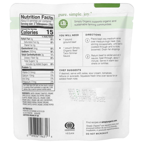 Simply Organic, Юго-западный соус тако для говядины, 227 г (8 унций)