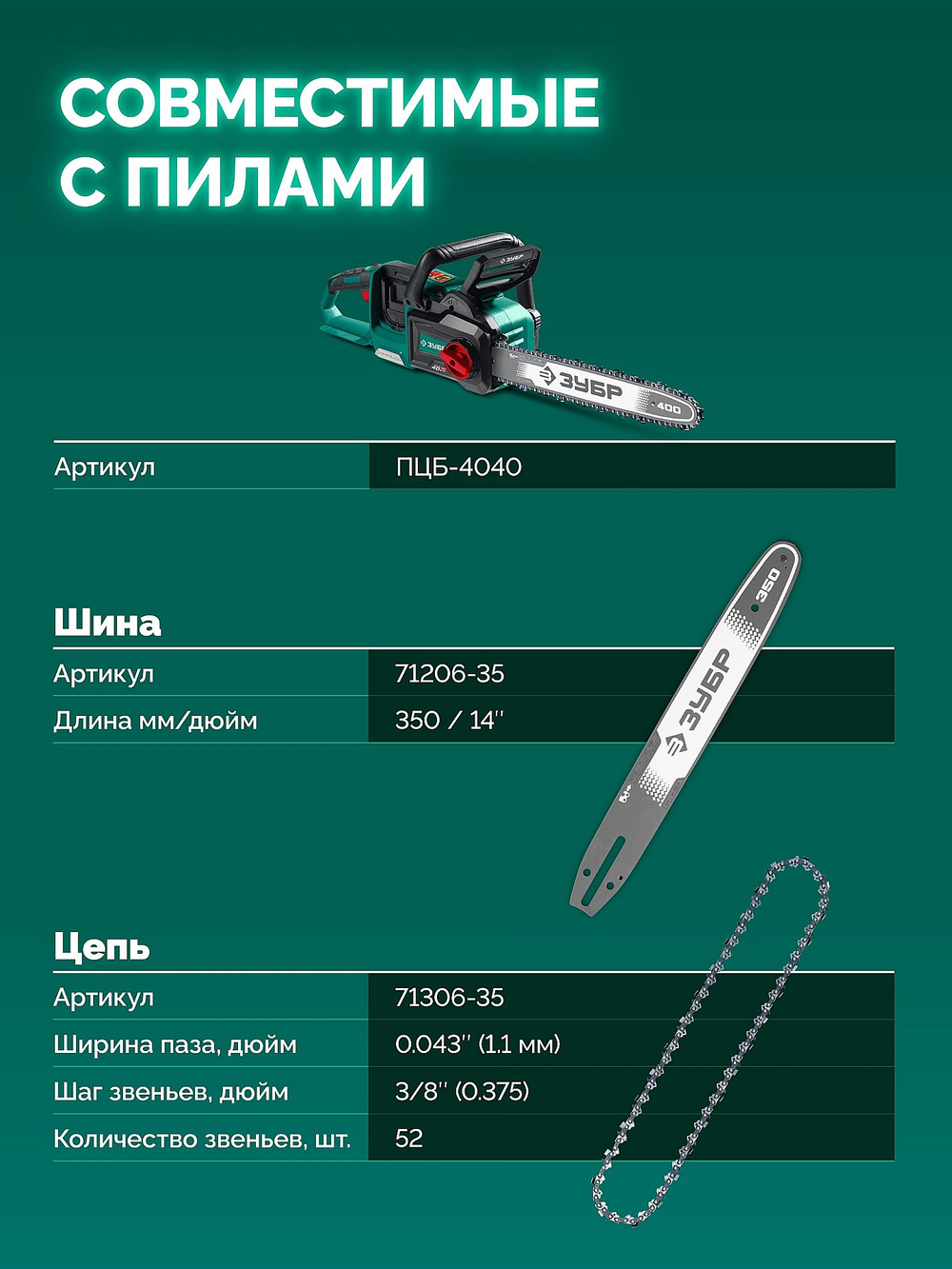 ЗУБР тип 6, 35 см, шаг 3/8″, паз 1.1 мм, 52 звена, шина (71206-35)