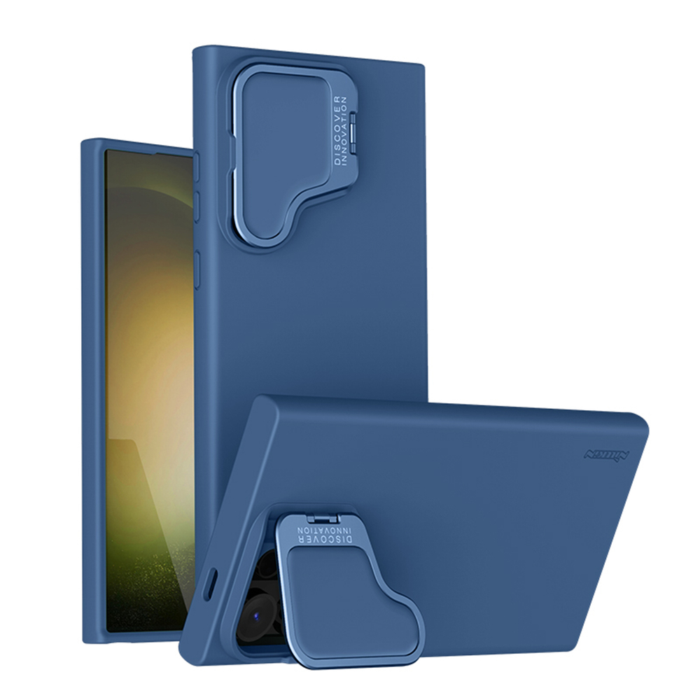 Чехол от Nillkin покрытый шелковистым силиконом синего цвета (Midnight Blue) для Samsung Galaxy S24 Ultra, серия CamShield Silky Prop Silicone Case (с металлической откидной крышкой)