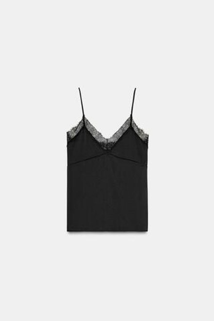 ZARA АТЛАСНЫЙ ТОП С КРУЖЕВОМ, ЧЕРНЫЙ