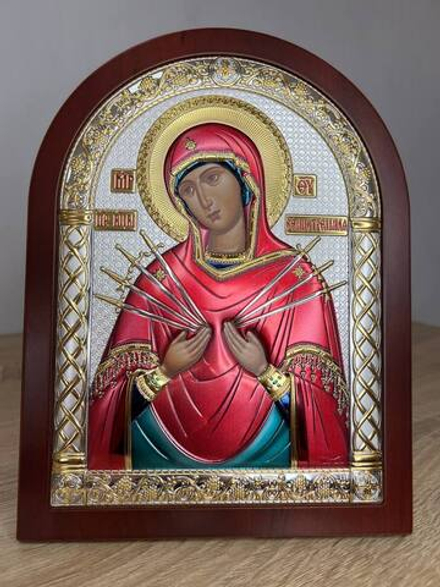 Семистрельная БМ, икона арочная, красное дерево, эмаль 175х225