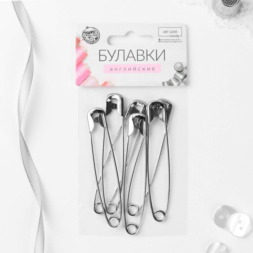 Булавка английская, металл, 7,5*1,5*0,2см (наб 6шт), серебряный, Арт Узор