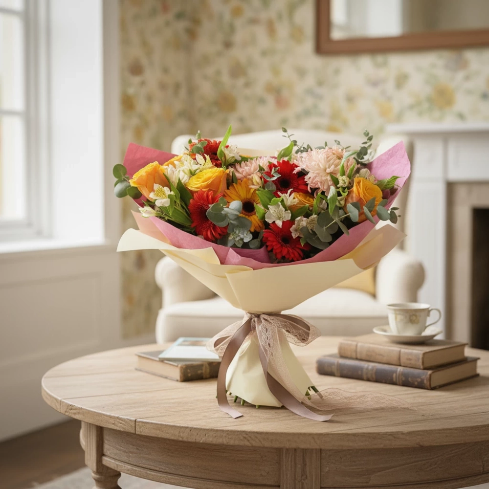 Букет «Осенний» — яркая композиция, собранная удалённо.