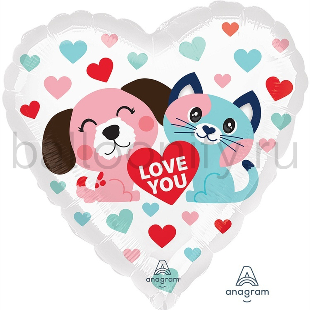 Фольгированная фигура, сердце, ILY Котик и Собачка S40,18"/46СМ