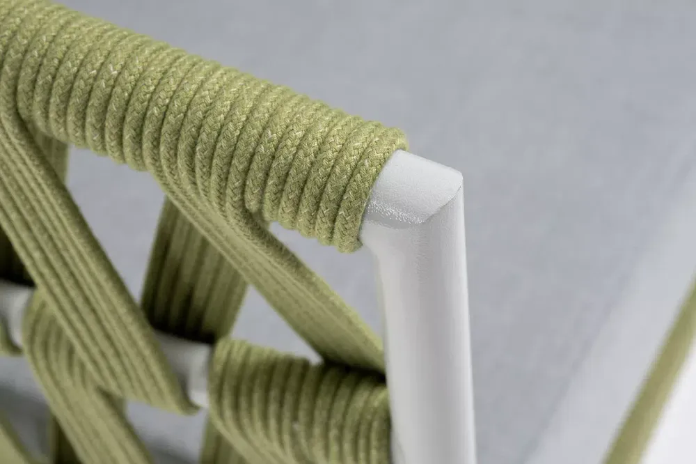 "Диего" кресло плетеное из роупа, каркас алюминий светло-серый (RAL7035) муар, роуп салатовый меланж круглый, ткань светло-серая