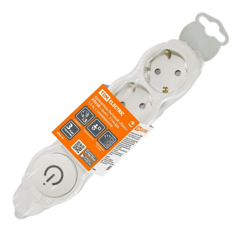 Удлинитель бытовой 3 гн, 1.5 м, ПВС, 3х1 мм2, с/з, 16 А, выкл, 250В,с з/ш, бело-сер, TDM, Люкс УЛ03В