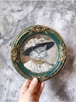 Картина маслом в круглой рамке Кошка