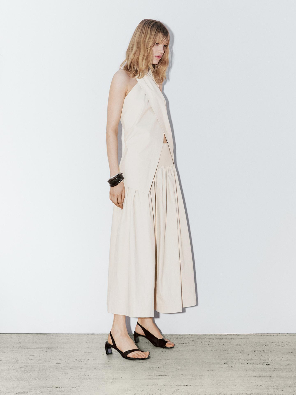 Massimo Dutti Юбка миди из 100% льна с кокеткой, натуральный