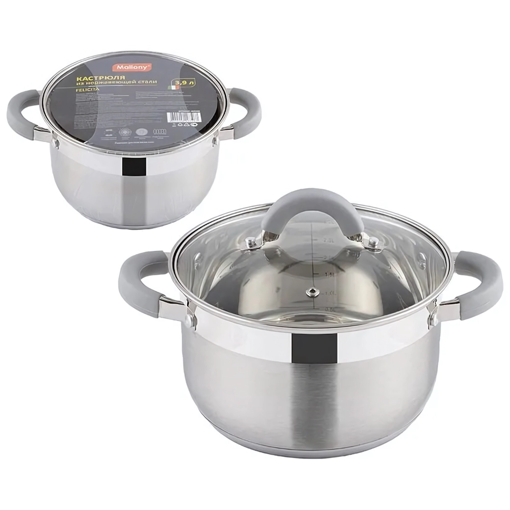 Кастрюля Felicita, объем 3,9 л, из нерж стали с крышкой из жаропрочного стекла, размер 20*