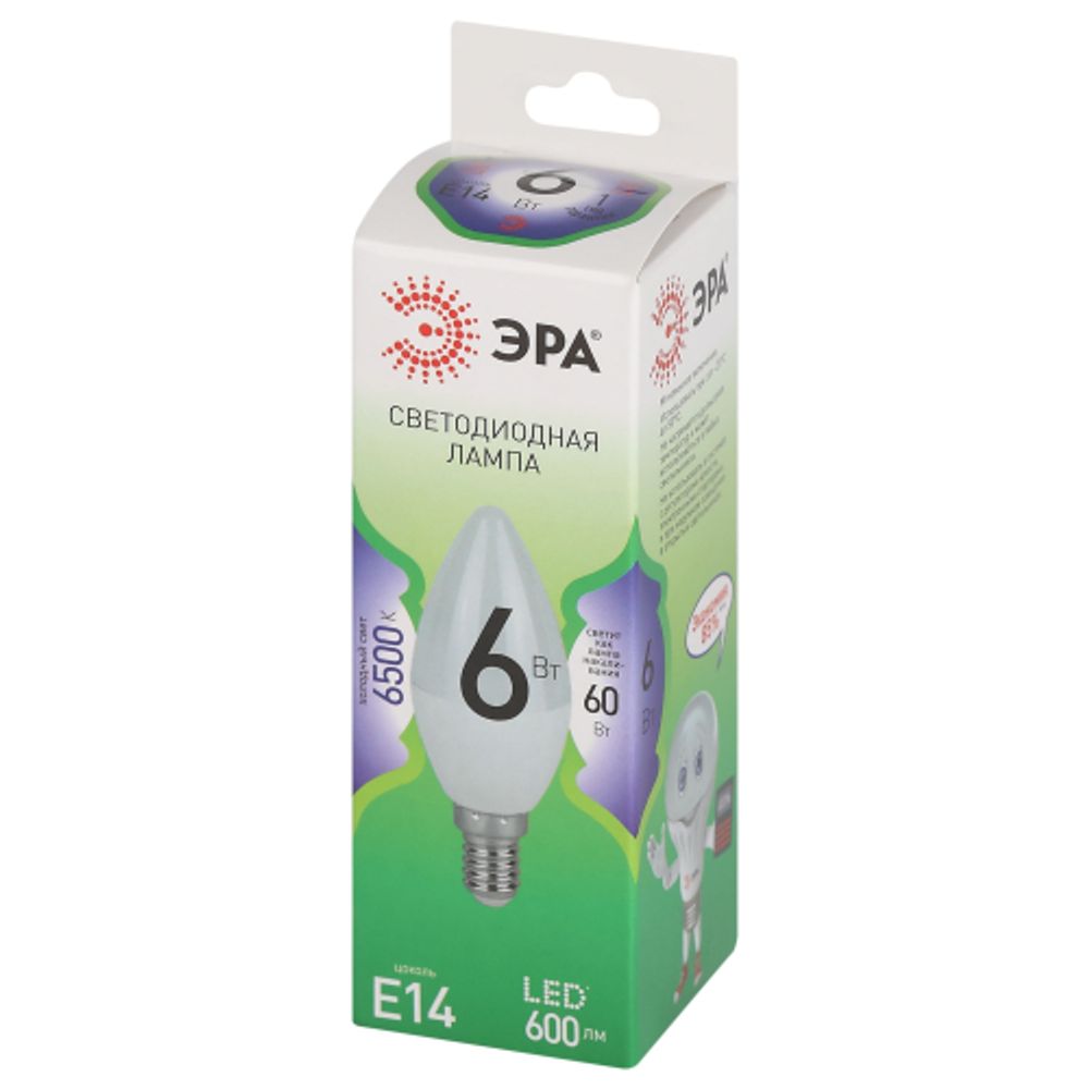 Лампочка светодиодная ЭРА GREEN LINE LED B35-6W-865-E14 GL E14 6 Вт свеча холодный свет | Лампы cветодиодные Свеча (B/C)