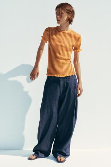 ZARA ТОП ИЗ ТРИКОТАЖА В РУБЧИК В ПОЛОСКУ, ОРАНЖЕВЫЙ
