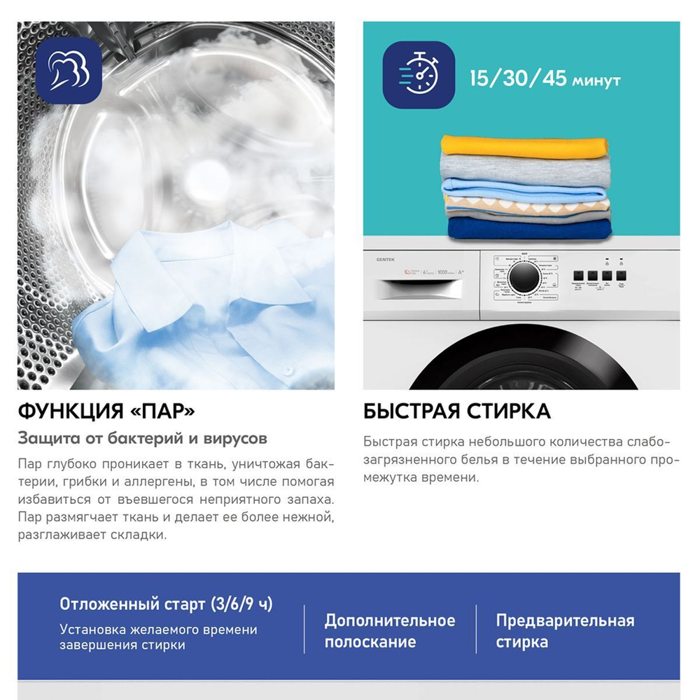 Стиральная машина Centek CT-1902 (белая), очистка барабана, загрузка белья 6 кг, функция пар, увеличенный объем камеры