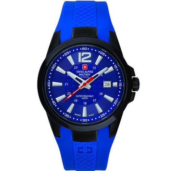 С ремешком Мужские наручные часы с синим силиконовым  ремешком Swiss Alpine Military 7058.1875 sport mens 43mm 10ATM
