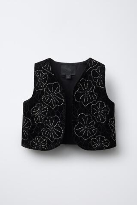 ZARA ЖИЛЕТ VELVET С БУСИНАМИ, ЧЕРНЫЙ
