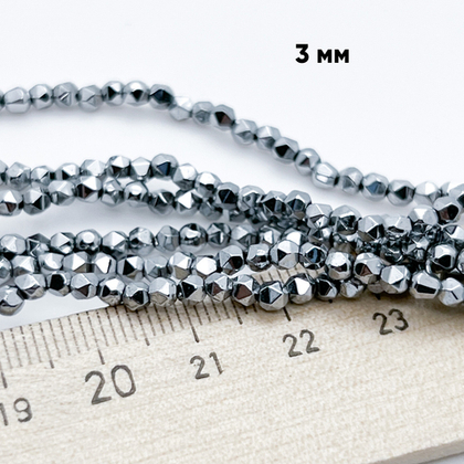 Гематит Шар крупной огранки бусины (имитация), цвет серебристый, размер около 3 мм, цена за отрезок 19 см (1/2 нити)