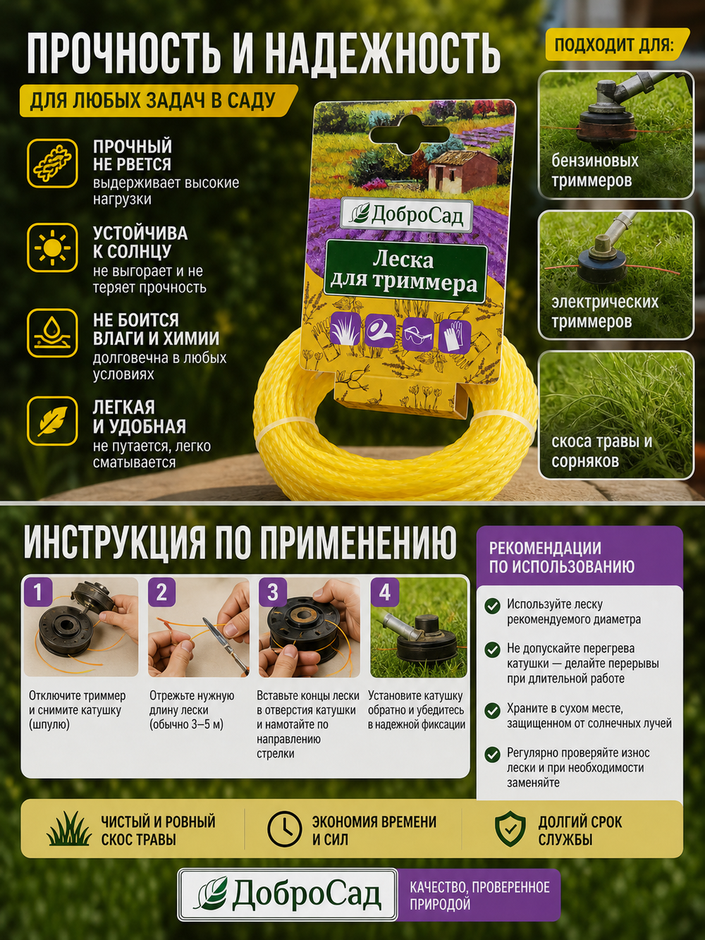 Леска для триммера 2,4мм*15м канат ДоброСад