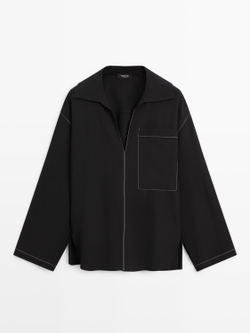 Massimo Dutti Рубашка из струящейся смесовой шерсти с карманом, черный