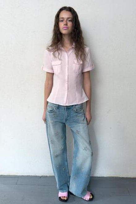 ZARA ДЖИНСЫ TRF WIDE-LEG С НИЗКОЙ ПОСАДКОЙ И СТРАЗАМИ, СИНИЙ