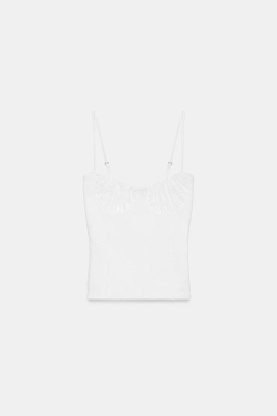 ZARA ТОП В БЕЛЬЕВОМ СТИЛЕ СО СБОРКАМИ, БЕЛЫЙ
