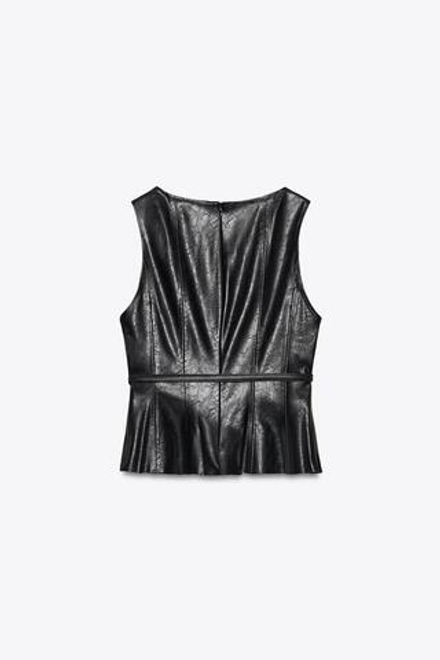 ZARA ТОП С ЭФФЕКТОМ КОЖИ И ПОЯСОМ, ЧЕРНЫЙ
