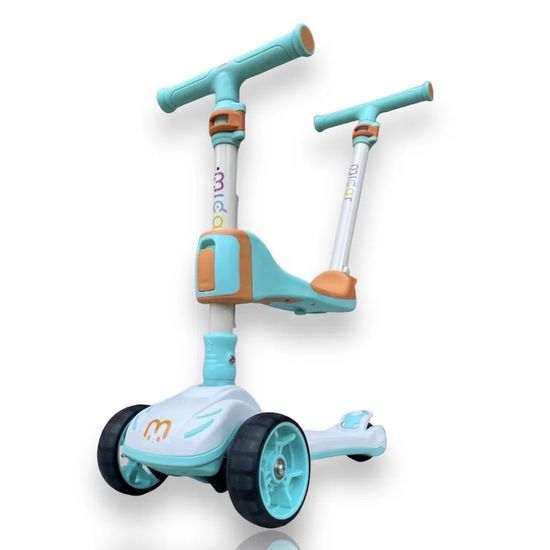 Самокат-беговел 3 в 1 Scooter Micar Transformer складной со светящимися колесами, сиденьем и родительской ручкой ментоловый