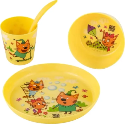 Набор детской посуды «Три Кота» (тарелка, миска, стакан и ложка)
