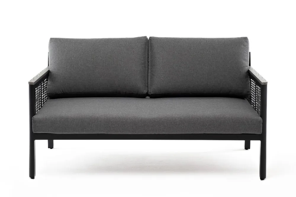 "Сан Ремо" диван 2-местный плетеный из роупа, каркас алюминий темно-серый, роуп серый, ткань серая