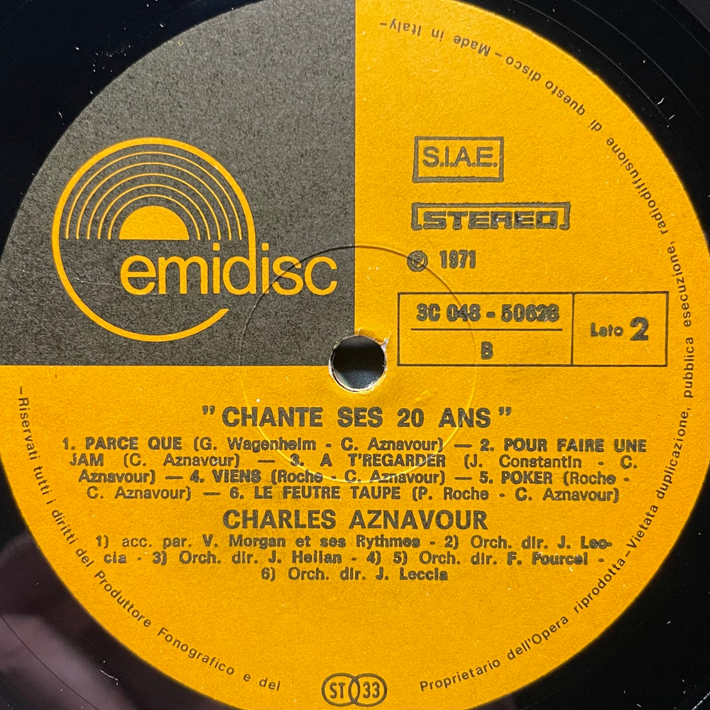 Charles Aznavour ‎– Charles Aznavour chante Ses 20 Ans (Италия 1970г.)