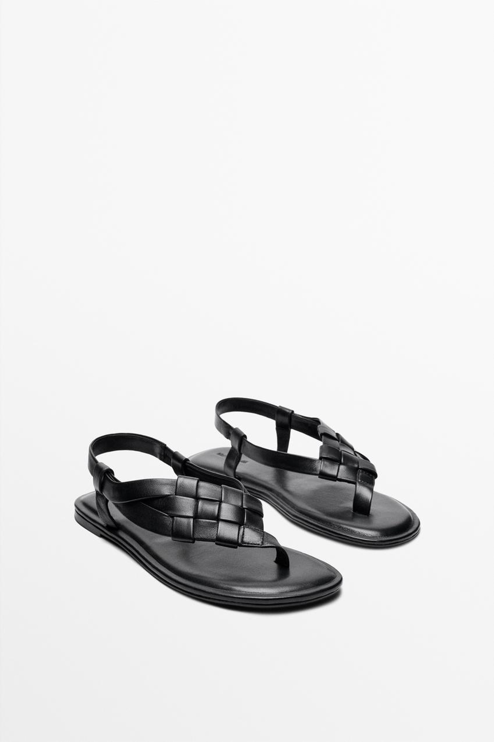 Massimo Dutti Кожаные плетеные сандалии на плоской подошве, черный