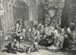 Шуты при дворе императрицы Анны Иоанновны. Гравюра по известной картине В. Якоби. 1740 г.