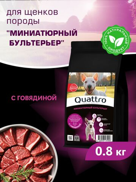 Корм сухой для щенков породы Миниатюрный бультерьер, с говядиной, 800 гр, QUATTRO
