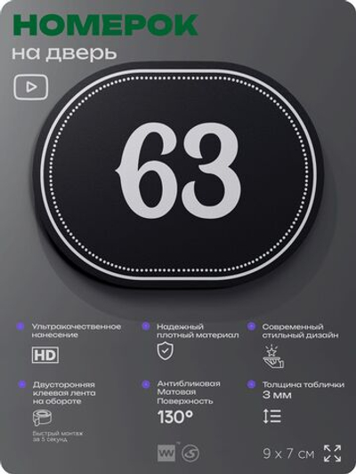 Номерок на дверь квартиры 63, для кабинета, офиса, шильдик 9 х 7 см, черный, Айдентика Технолоджи
