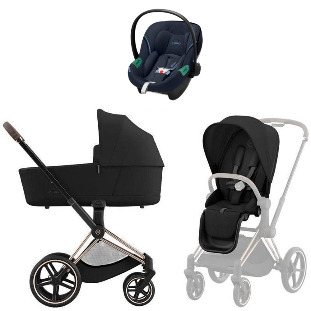 Коляска Cybex Priam IV Rosegold complete Aton S2 Ocean Blue Base One 4 в 1 Sepia Black