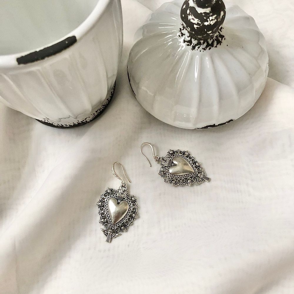 Серьги сердца с ангелом на петле, цвет серебро, Италия